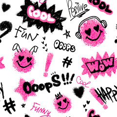 Abstract seamless cartoon pattern with smiling faces, comics style text Cool, wow, oops. Doodle characters rabbit, king. Listening music stupid face. Hearts eyes and smile monster face. Teenager print © Kseniia Koval