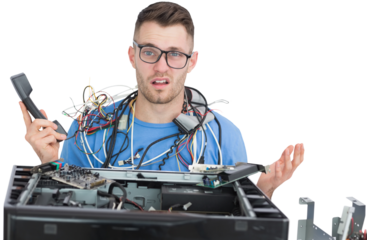 Confused it professional with cables and phone in front of open cpu