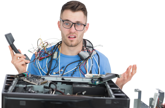 Confused it professional with cables and phone in front of open cpu