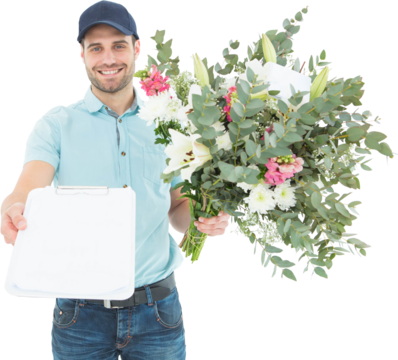Flower delivery man showing clipboard