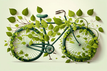 Bicycle covered with green leaf tendril, eco and environment concept. AI generated, human enhanced