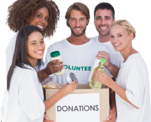 Happy volunteers putting food in donation box