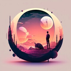 abstract landscape with a beautiful fantasy sunset, lost in space, Generative AI