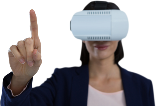 Businesswoman gesturing while using virtual reality headset