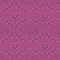 Seamless vector vector botanical pattern with cute sleeping bear on purple background. Classic concept for fabric and paper, surface textures.