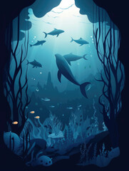 An underwater world of mysterious creatures contrasts with the captivating blues of the ocean.. AI generation.