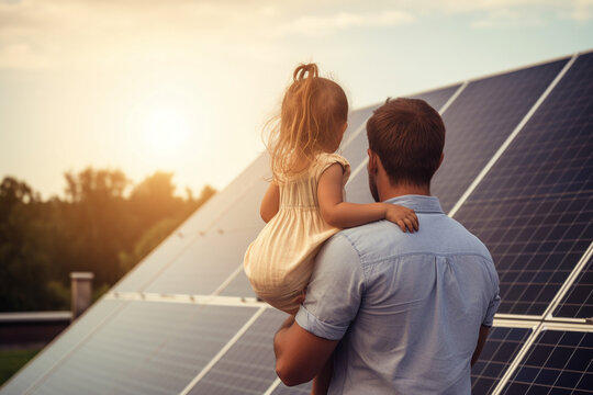 Rear view of dad holding her little girl in arms and showing solar panels