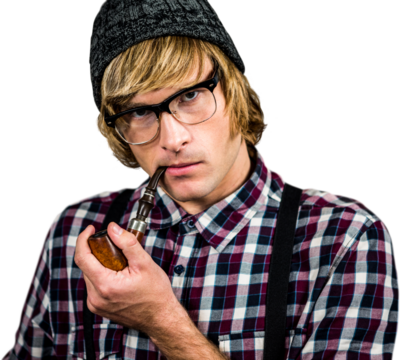 Serious blond hipster smoking a pipe - Powered by Adobe