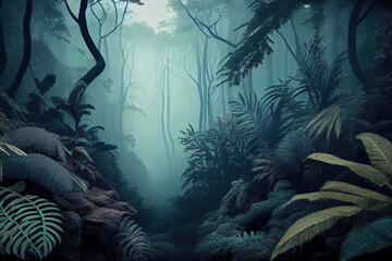 Exotic foggy forest jungle panorama forest. Generative Ai