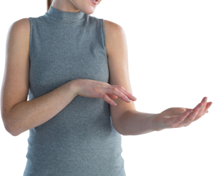 Mid section of businesswoman marketing imaginary product