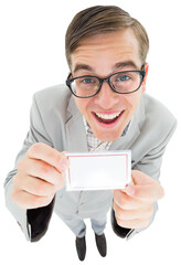 Geeky hipster smiling and showing card