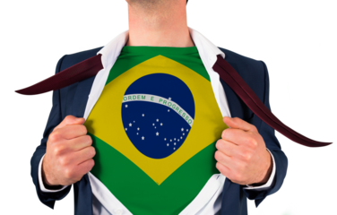 Businessman opening shirt to reveal brasil flag