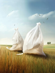Fototapeta na wymiar Two plastic bags torn and blown away by the wind in a field.. AI generation.
