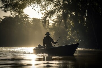 A powerful photo of a man on a boat, journeying through the heart of the Amazon, with the sun shining down and the jungle alive with the sounds of wildlife.
