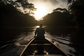 Naklejka na ściany i meble A powerful photo of a man on a boat, journeying through the heart of the Amazon, with the sun shining down and the jungle alive with the sounds of wildlife. 