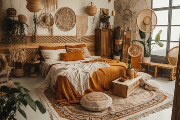 Beautiful boho apartment with hygge bedroom, cushion and comforter on bed, bamboo dressing screen, home décor, dry plants in vase, wicker basket, houseplant on floor. Generative AI - obrazy, fototapety, plakaty