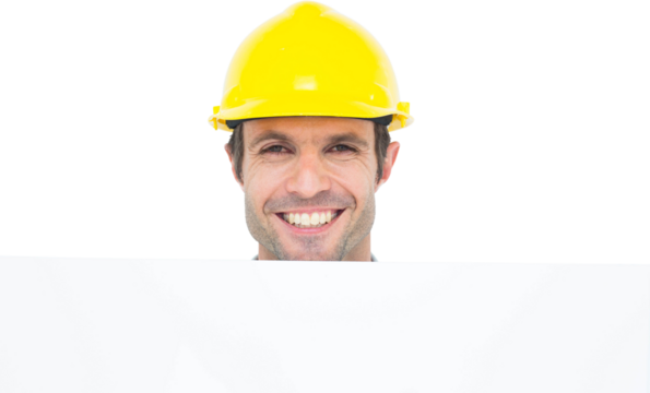 Happy architect with bill board over white background
