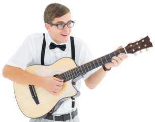Geeky hipster playing guitar and singing