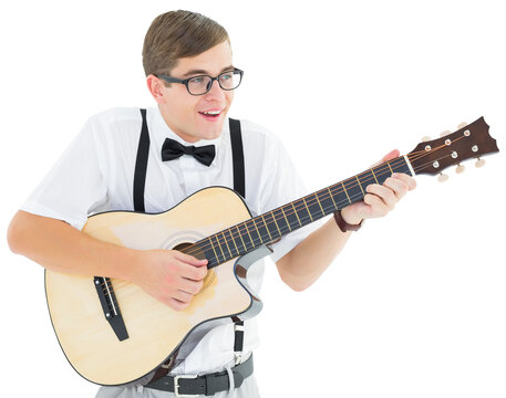 Geeky hipster playing guitar and singing