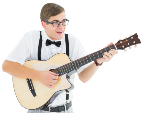 Geeky hipster playing guitar and singing - Powered by Adobe