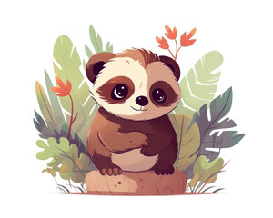 Obraz premium Cute red panda sitting on the rock in the jungle. Vector illustration.