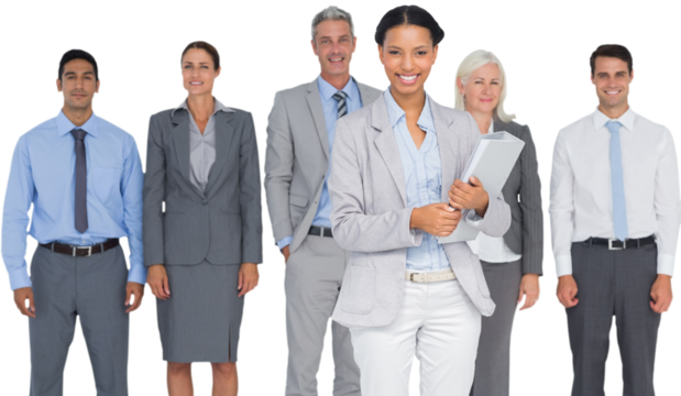 Portrait of smiling businesswoman with team behind