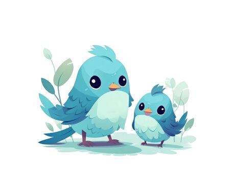 Cute cartoon two blue birds. Vector illustration.