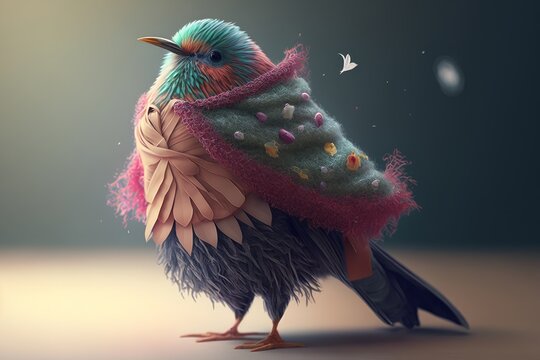 An exclusive expensive toy, a festive little bird in a dress. Character for children's fairy tales and stories, birthday present. Created with AI.