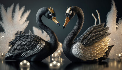 Exclusive expensive toy, a pair of black swans in love. Bird toy. Character for children's fairy tales and stories. Created with AI.