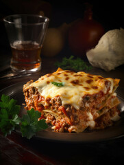 An aromatic plate of beef and vegetable lasagna oozing with melted cheese and a flavorful tomato sauce.. AI generation.