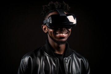 Happy young man using virtual reality glasses Generative AI