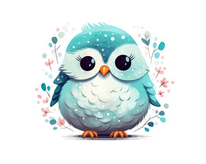 Fototapeta premium Cute cartoon blue owl with snowflakes. Vector illustration.