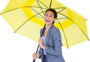 Portrait of happy businesswoman holding umbrella 