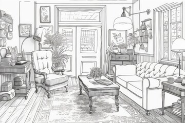 Living room coloring sheet. Comfortable living room design. Adult child coloring page. Generative AI