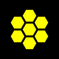 Black and yellow vector graphic of six yellow hexagons around a central hexagon on a black background
