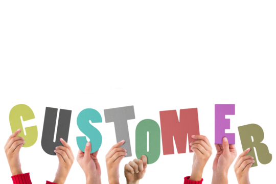 Colorful alphabet spelling customer held up by people 