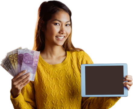 Smiling asian woman showing tablet and bank notes