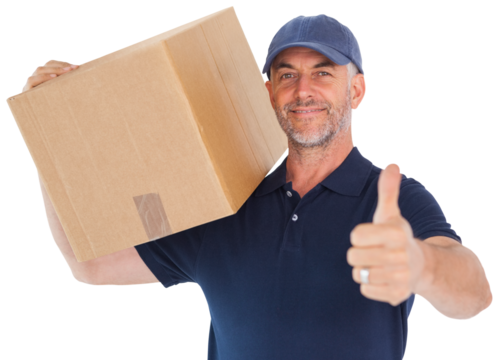 Happy delivery man holding cardboard box showing thumbs up - Powered by Adobe