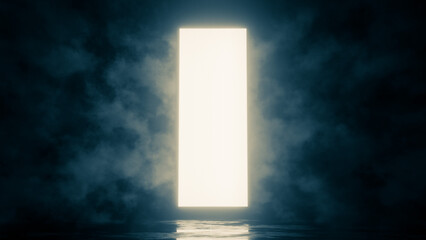 abstract background with a portal, gateway, panel, door in neon glowing color in smoke, fog looking scifi and futuristic and a bit mysterious and horrifying too