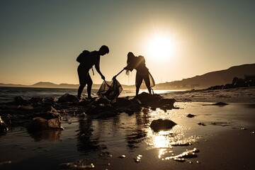 A powerful photo of two volunteers working tirelessly to clean up a polluted beach, with the silhouetted figure demonstrating the passion and commitment needed to make a difference. - Powered by Adobe