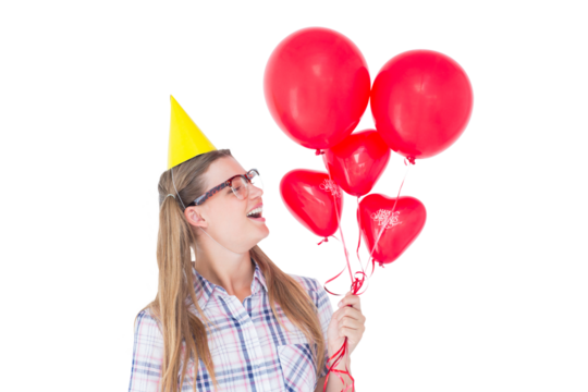 Geeky hipster holding red balloons