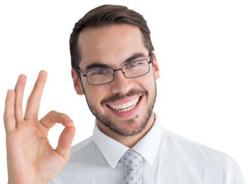 Happy businessman making okay gesture
