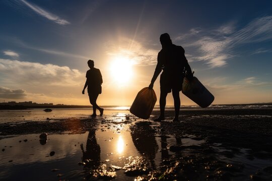 A powerful photo of two volunteers working tirelessly to clean up a polluted beach, with the silhouetted figure demonstrating the passion and commitment needed to make a difference.