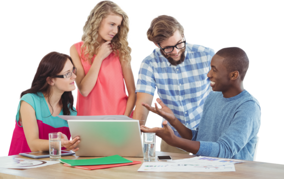 Man gesturing in front of coworkers in creative office