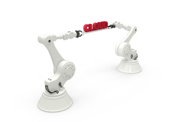 Robotic hands holding red data text against white background