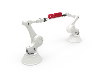 Foto op Plexiglas Robotic hands holding red data text against white background © vectorfusionart