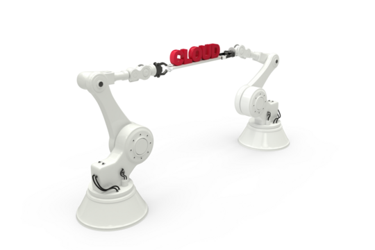 Robotic hands holding red data text against white background