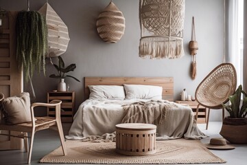 A seaside bohemian bedroom with a macrame chair, linen pendant lamp, and beach themed decor. Generative AI