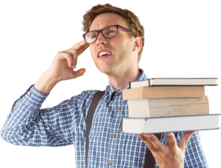 Geeky student holding a pile of books