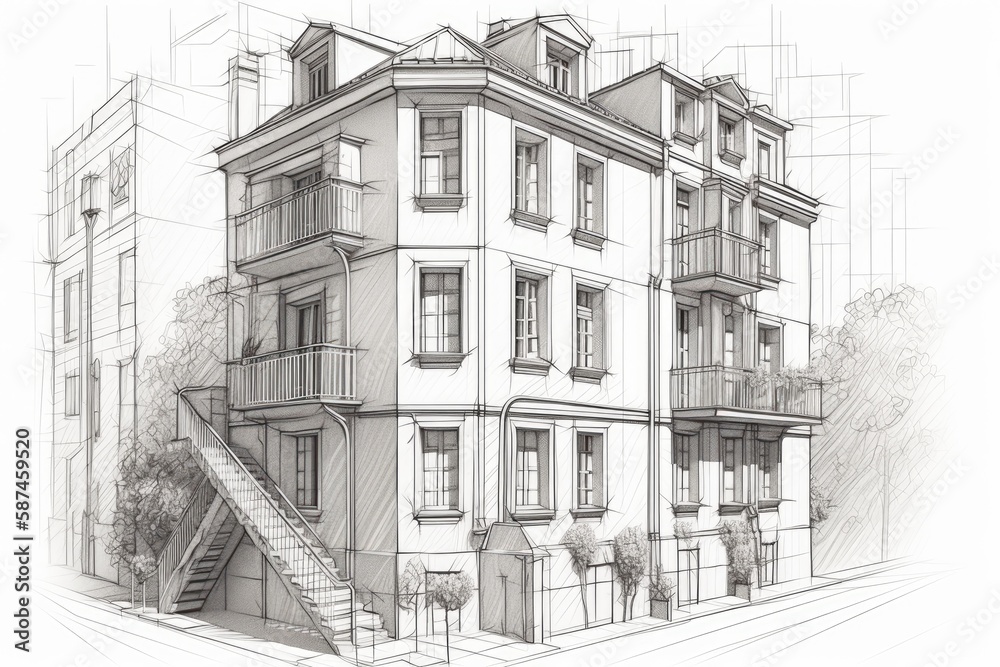 Poster building with stairs and windows. generative ai